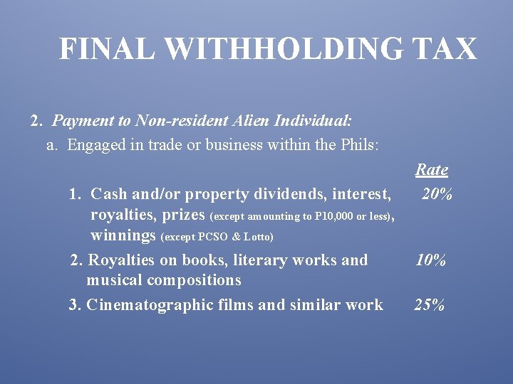 FINAL WITHHOLDING TAX 2. Payment to Non-resident Alien Individual: a. Engaged in trade or