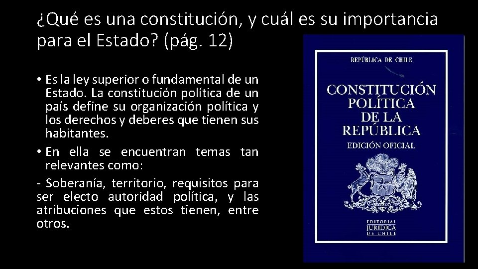 ¿Qué es una constitución, y cuál es su importancia para el Estado? (pág. 12)