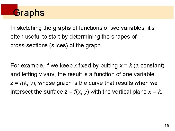 Graphs In sketching the graphs of functions of two variables, it’s often useful to Graphs In sketching the graphs of functions of two variables, it’s often useful to