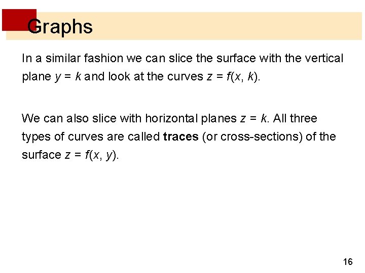 Graphs In a similar fashion we can slice the surface with the vertical plane Graphs In a similar fashion we can slice the surface with the vertical plane