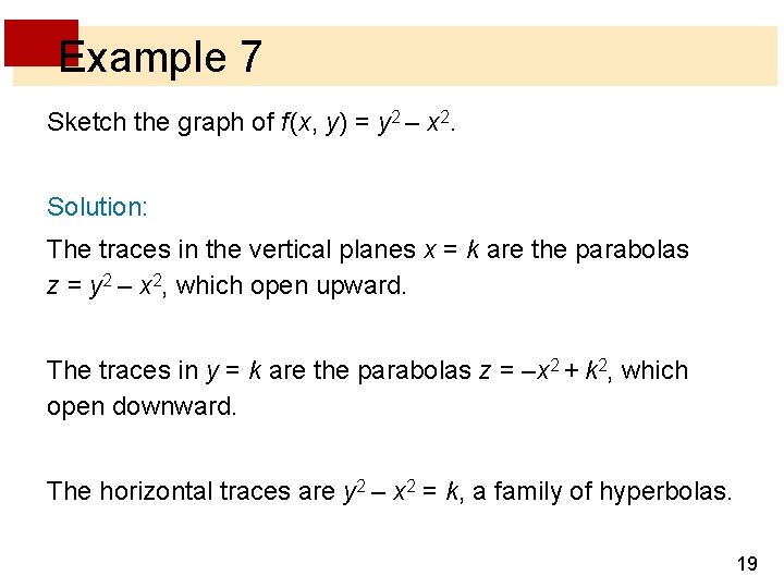 Example 7 Sketch the graph of f (x, y) = y 2 – x Example 7 Sketch the graph of f (x, y) = y 2 – x