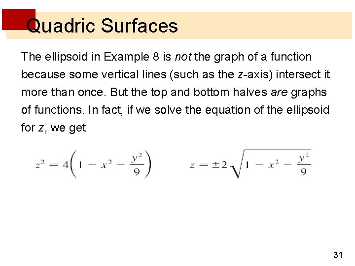 Quadric Surfaces The ellipsoid in Example 8 is not the graph of a function Quadric Surfaces The ellipsoid in Example 8 is not the graph of a function