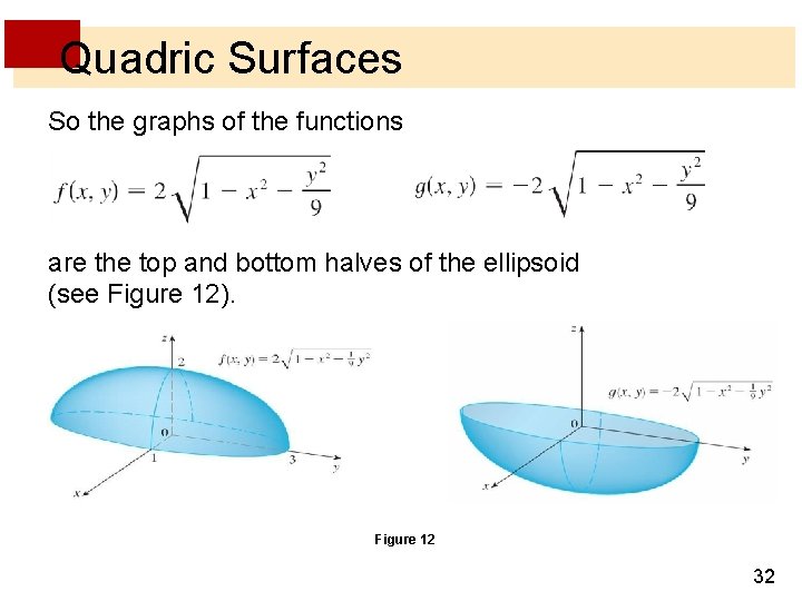 Quadric Surfaces So the graphs of the functions and are the top and bottom Quadric Surfaces So the graphs of the functions and are the top and bottom