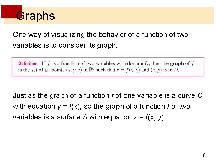 Graphs One way of visualizing the behavior of a function of two variables is Graphs One way of visualizing the behavior of a function of two variables is