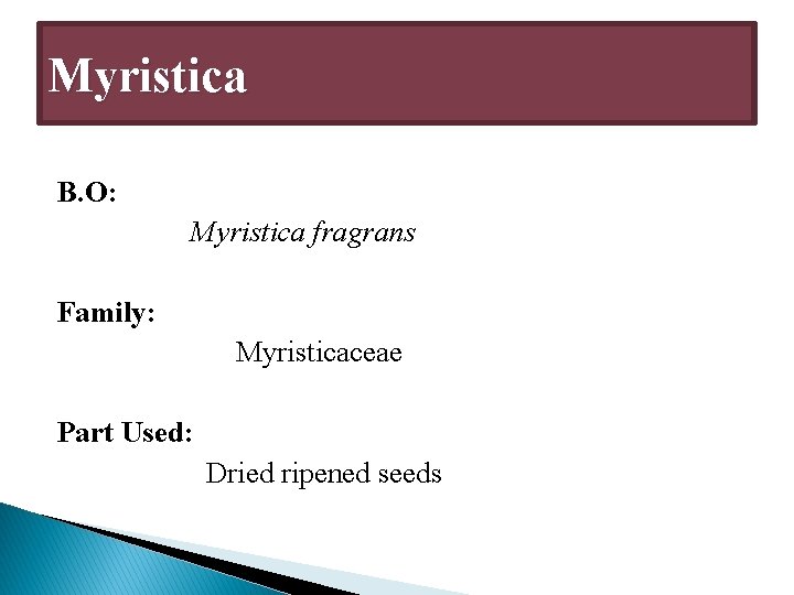 Myristica B. O: Myristica fragrans Family: Myristicaceae Part Used: Dried ripened seeds 