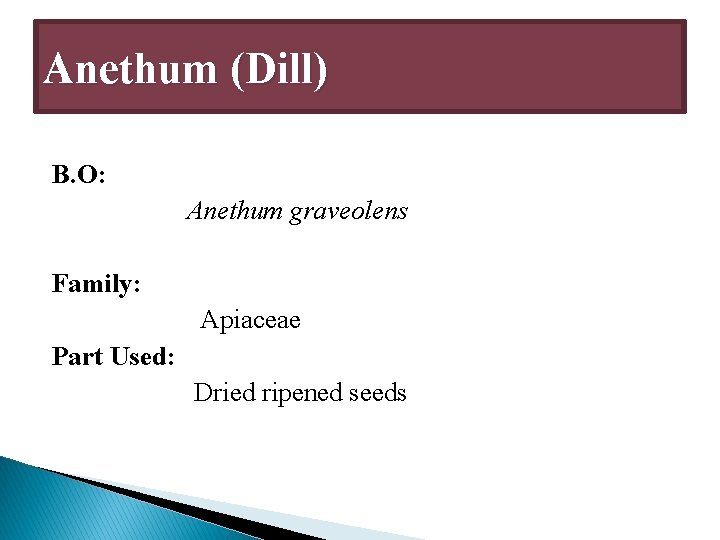 Anethum (Dill) B. O: Anethum graveolens Family: Apiaceae Part Used: Dried ripened seeds 