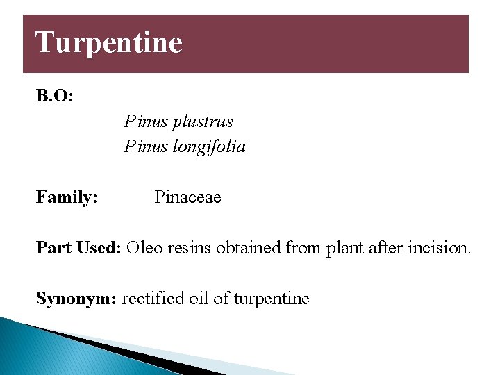 Turpentine B. O: Pinus plustrus Pinus longifolia Family: Pinaceae Part Used: Oleo resins obtained