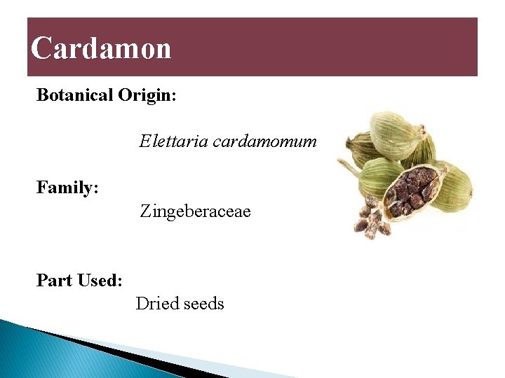 Cardamon Botanical Origin: Elettaria cardamomum Family: Zingeberaceae Part Used: Dried seeds 