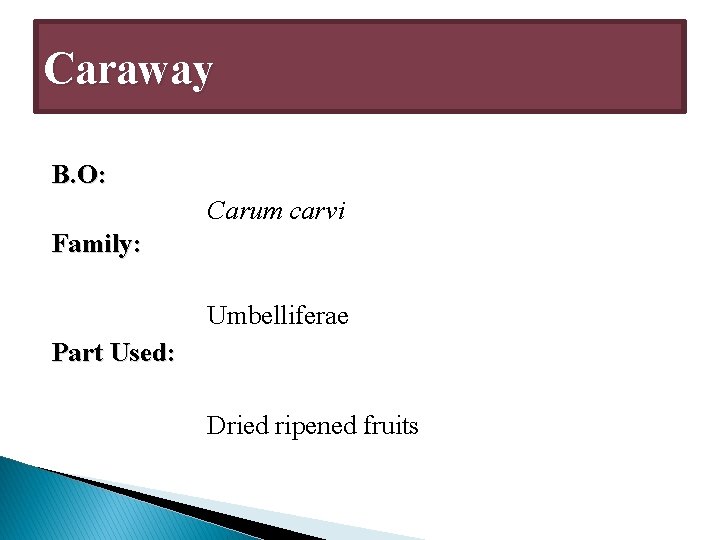 Caraway B. O: Carum carvi Family: Umbelliferae Part Used: Dried ripened fruits 