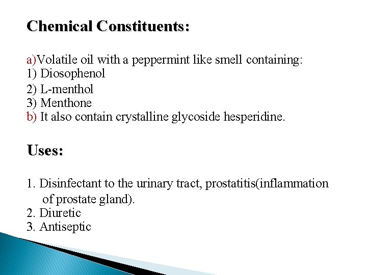 Chemical Constituents: a)Volatile oil with a peppermint like smell containing: 1) Diosophenol 2) L-menthol