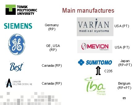 Main manufactures Germany (RP) USA (PT) GE, USA (RP) USA (PT) Japan (RP+PT) Canada
