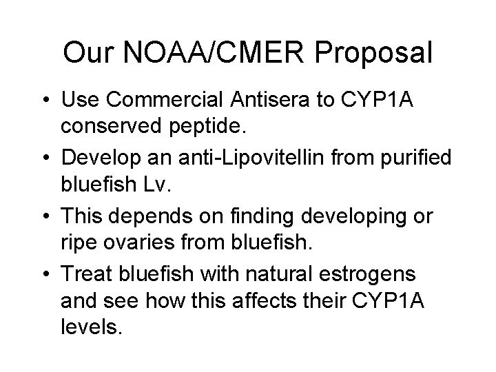 Our NOAA/CMER Proposal • Use Commercial Antisera to CYP 1 A conserved peptide. •