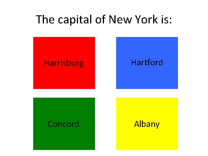 The capital of New York is: Harrisburg Hartford Concord Albany The capital of New York is: Harrisburg Hartford Concord Albany