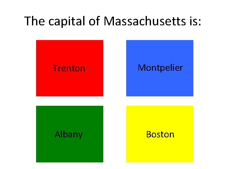 The capital of Massachusetts is: Trenton Montpelier Albany Boston The capital of Massachusetts is: Trenton Montpelier Albany Boston