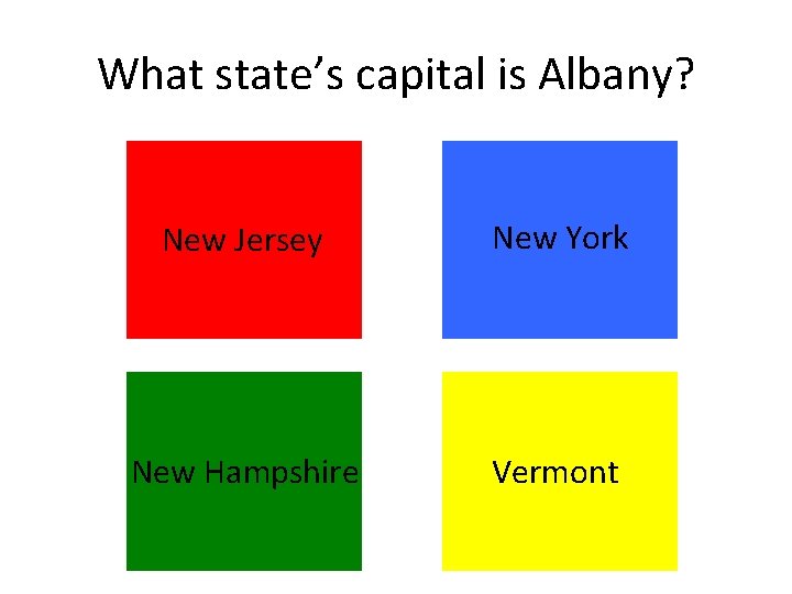 What state’s capital is Albany? New Jersey New York New Hampshire Vermont What state’s capital is Albany? New Jersey New York New Hampshire Vermont