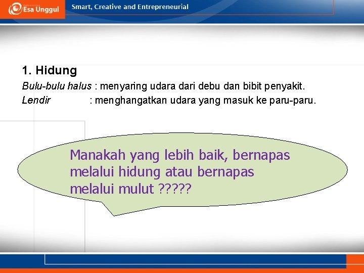 1. Hidung Bulu-bulu halus : menyaring udara dari debu dan bibit penyakit. Lendir :
