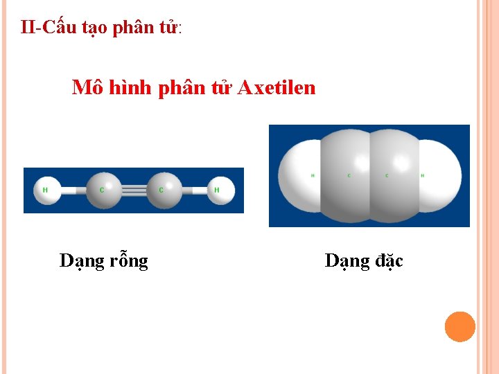 II-Cấu tạo phân tử: Mô hình phân tử Axetilen Dạng rỗng Dạng đặc 