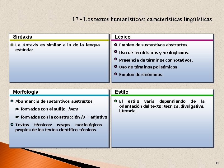 17. - Los textos humanísticos: características lingüísticas Sintaxis La sintaxis es similar a la