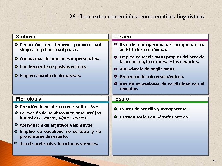 26. - Los textos comerciales: características lingüísticas Sintaxis Redacción en tercera persona singular o