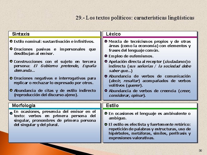29. - Los textos políticos: características lingüísticas Sintaxis Léxico Estilo nominal: sustantivación e infinitivos.