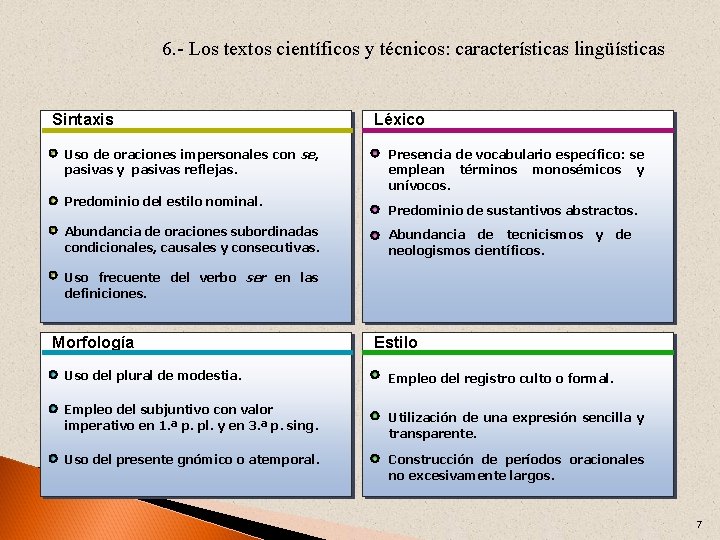 6. - Los textos científicos y técnicos: características lingüísticas Sintaxis Uso de oraciones impersonales