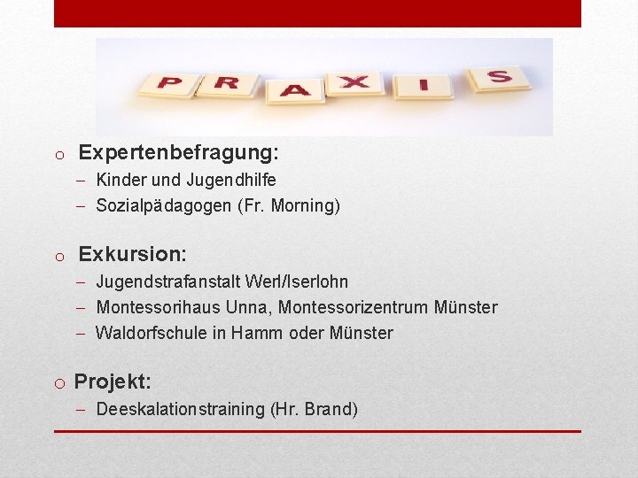 o Expertenbefragung: - Kinder und Jugendhilfe - Sozialpädagogen (Fr. Morning) o Exkursion: - Jugendstrafanstalt