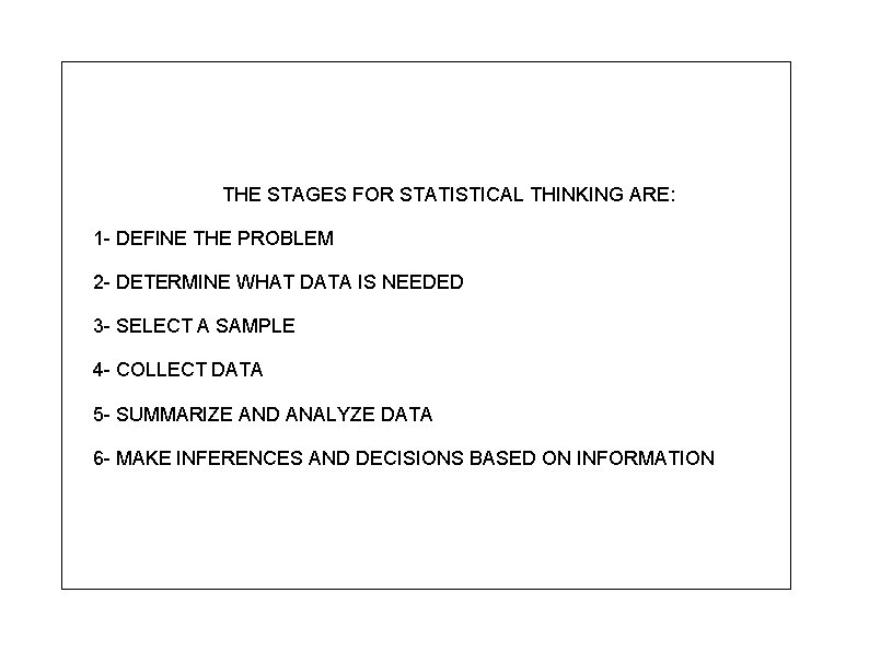 THE STAGES FOR STATISTICAL THINKING ARE: 1 - DEFINE THE PROBLEM 2 - DETERMINE