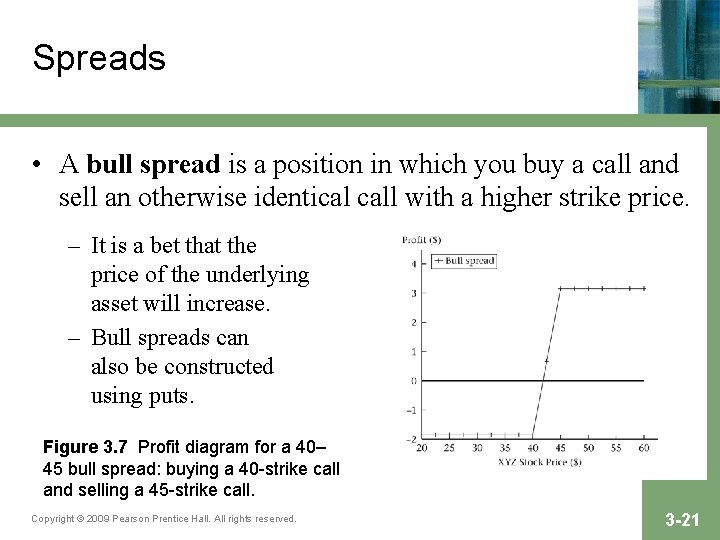 Spreads • A bull spread is a position in which you buy a call