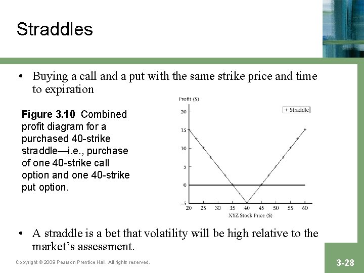Straddles • Buying a call and a put with the same strike price and