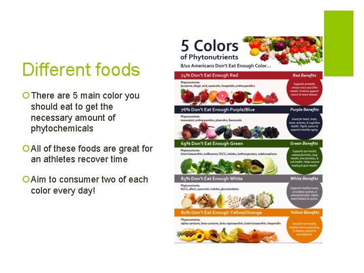 Different foods ¡ There are 5 main color you should eat to get the