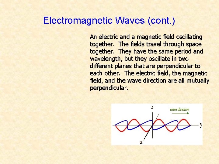 Electromagnetic Waves (cont. ) An electric and a magnetic field oscillating together. The fields