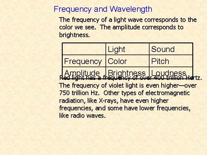 Frequency and Wavelength The frequency of a light wave corresponds to the color we