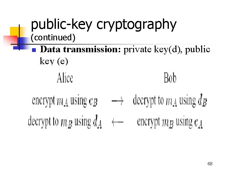 public-key cryptography (continued) n Data transmission: private key(d), public key (e) 68 