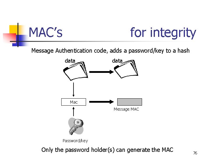 MAC’s for integrity Message Authentication code, adds a password/key to a hash data Mac