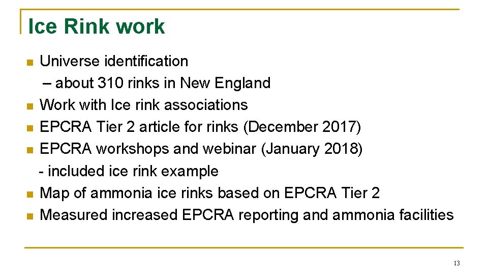 Ice Rink work Universe identification – about 310 rinks in New England n Work Ice Rink work Universe identification – about 310 rinks in New England n Work