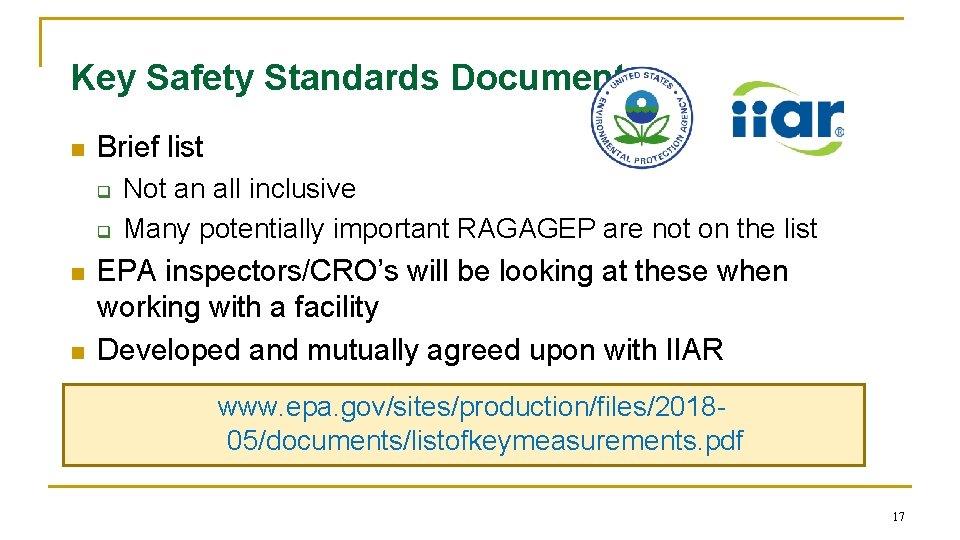Key Safety Standards Document n Brief list q q n n Not an all Key Safety Standards Document n Brief list q q n n Not an all
