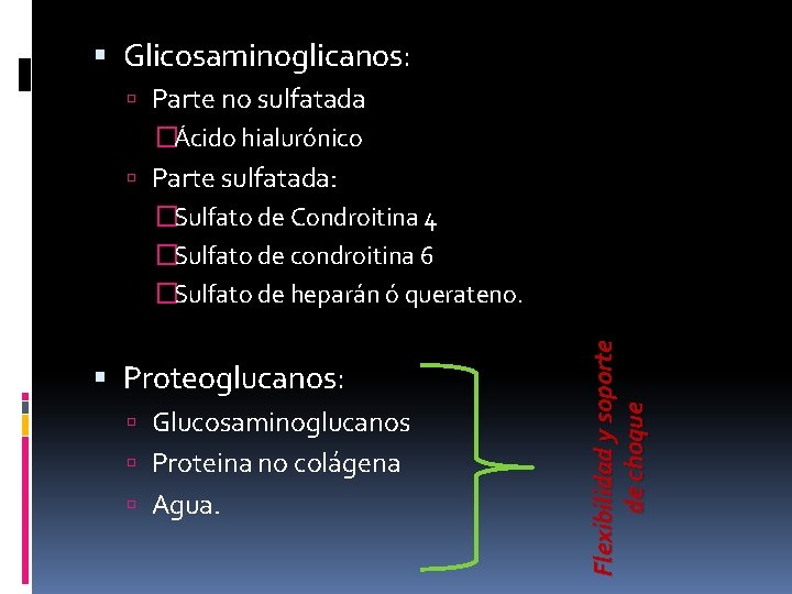 Glicosaminoglicanos: Parte no sulfatada �Ácido hialurónico Proteoglucanos: Glucosaminoglucanos Proteina no colágena Agua. Flexibilidad Glicosaminoglicanos: Parte no sulfatada �Ácido hialurónico Proteoglucanos: Glucosaminoglucanos Proteina no colágena Agua. Flexibilidad