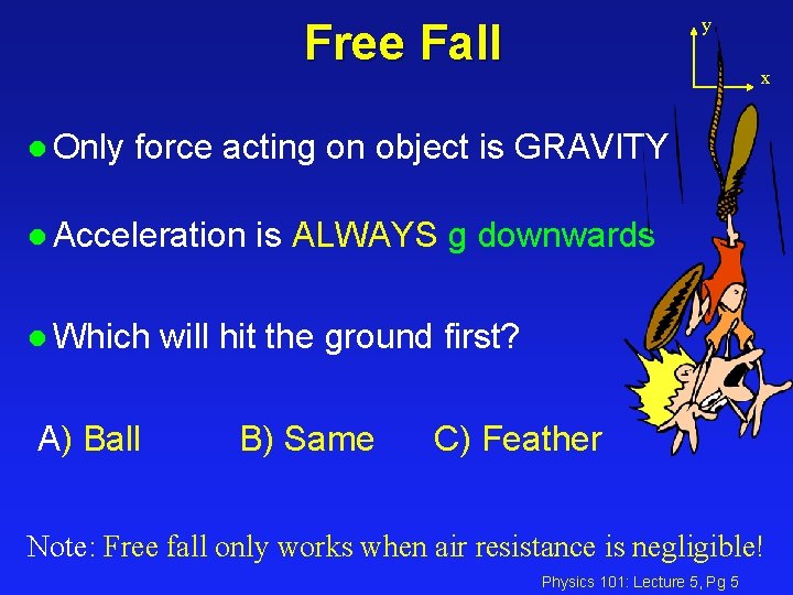 y Free Fall l Only x force acting on object is GRAVITY l Acceleration