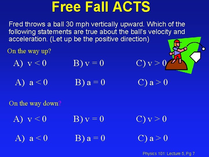Free Fall ACTS Fred throws a ball 30 mph vertically upward. Which of the