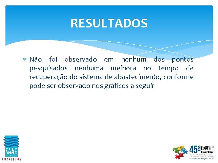 RESULTADOS Não foi observado em nenhum dos pontos pesquisados nenhuma melhora no tempo de