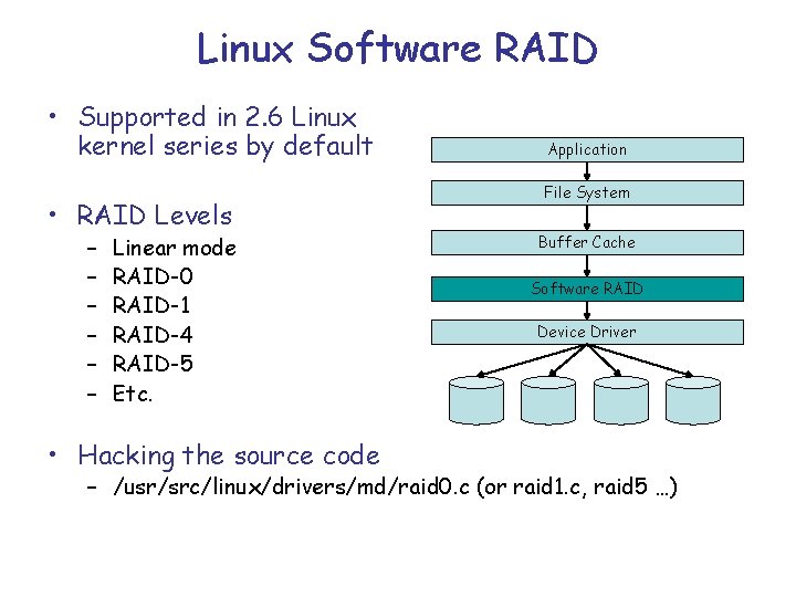 Linux Software RAID • Supported in 2. 6 Linux kernel series by default •