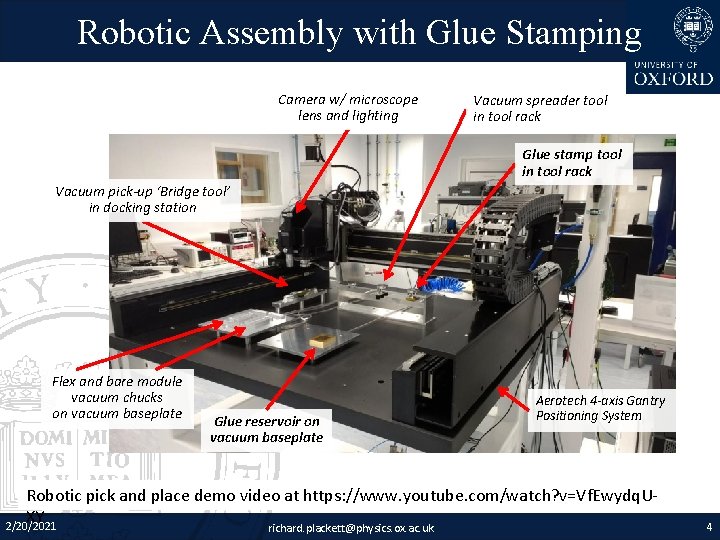 Robotic Assembly with Glue Stamping Camera w/ microscope lens and lighting Vacuum spreader tool