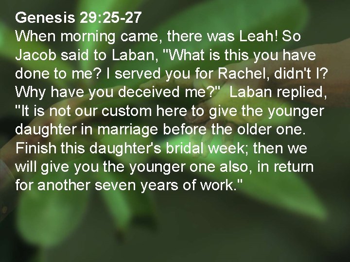 Genesis 29: 25 -27 When morning came, there was Leah! So Jacob said to