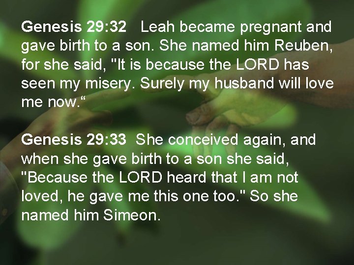 Genesis 29: 32 Leah became pregnant and gave birth to a son. She named