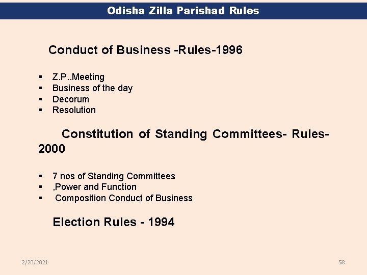 Odisha Zilla Parishad Rules Conduct of Business -Rules-1996 § § Z. P. . Meeting