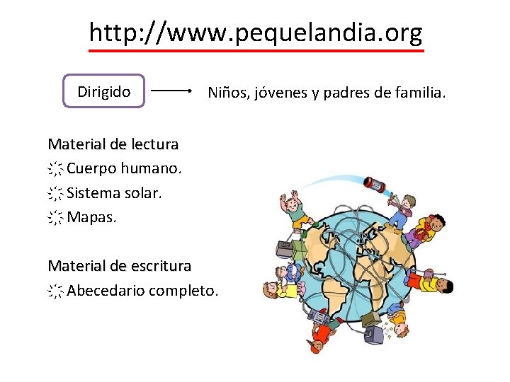 http: //www. pequelandia. org Dirigido Niños, jóvenes y padres de familia. Material de lectura