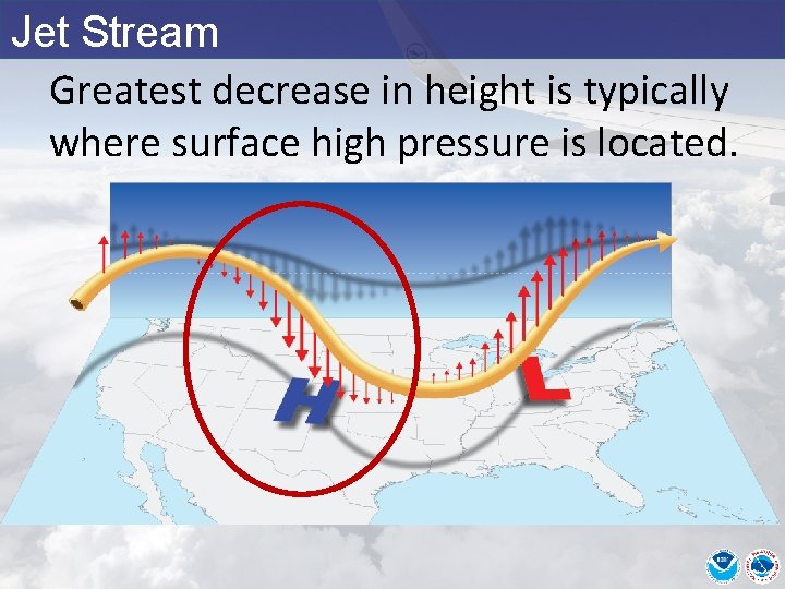 Jet Stream Greatest decrease in height is typically where surface high pressure is located. Jet Stream Greatest decrease in height is typically where surface high pressure is located.