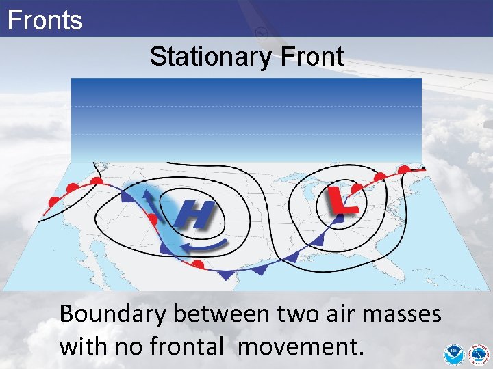 Fronts Stationary Front Boundary between two air masses with no frontal movement. Fronts Stationary Front Boundary between two air masses with no frontal movement.