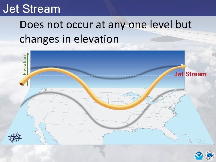 Elevation Jet Stream Does not occur at any one level but changes in elevation Elevation Jet Stream Does not occur at any one level but changes in elevation