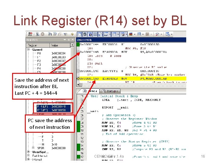 Link Register (R 14) set by BL Save the address of next instruction after